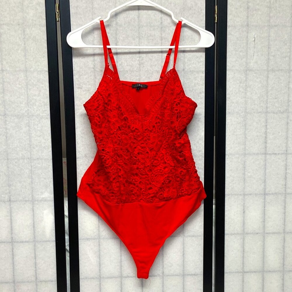 Iris Red XL Crochet Lace Front Teddy Bodysuit Thong V Neck Adjustable Straps